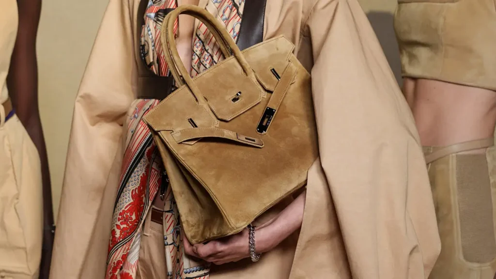 Hermès SS26 Birkin Veau Doblis in beige suede on Paris runway