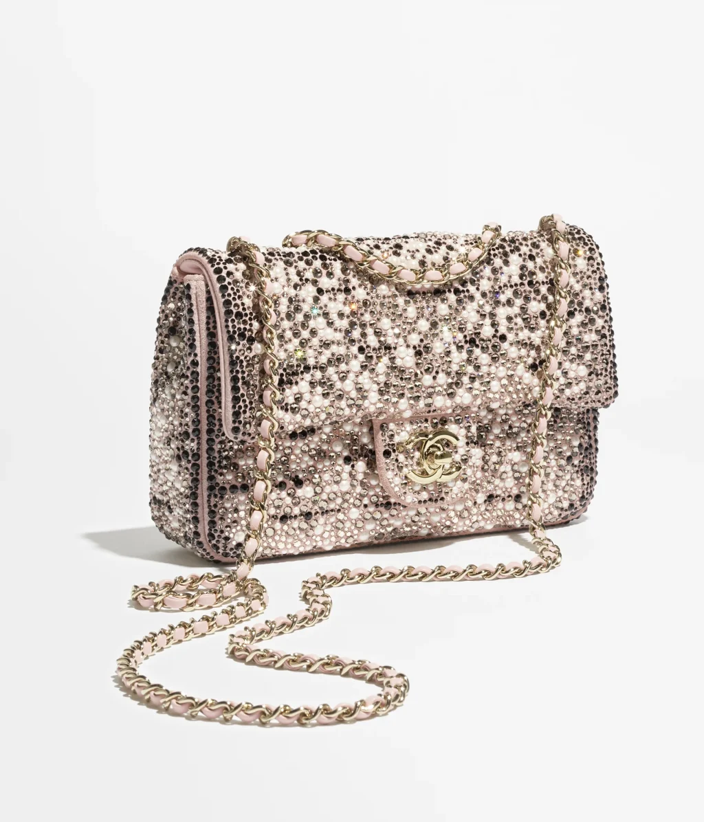CHANEL EVENING BAG / Strass, Imitation Pearls & Gold-Tone Metal / Black, Pink, Pearly White & Gold / Price upon request