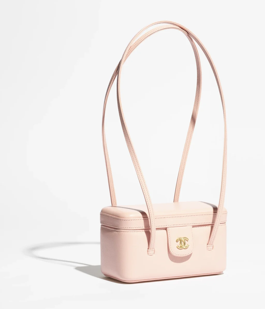 CHANEL LONG VANITY WITH LEATHER STRAP / Grained Shiny Calfskin & Gold-Tone Metal / Light Pink / $3,750