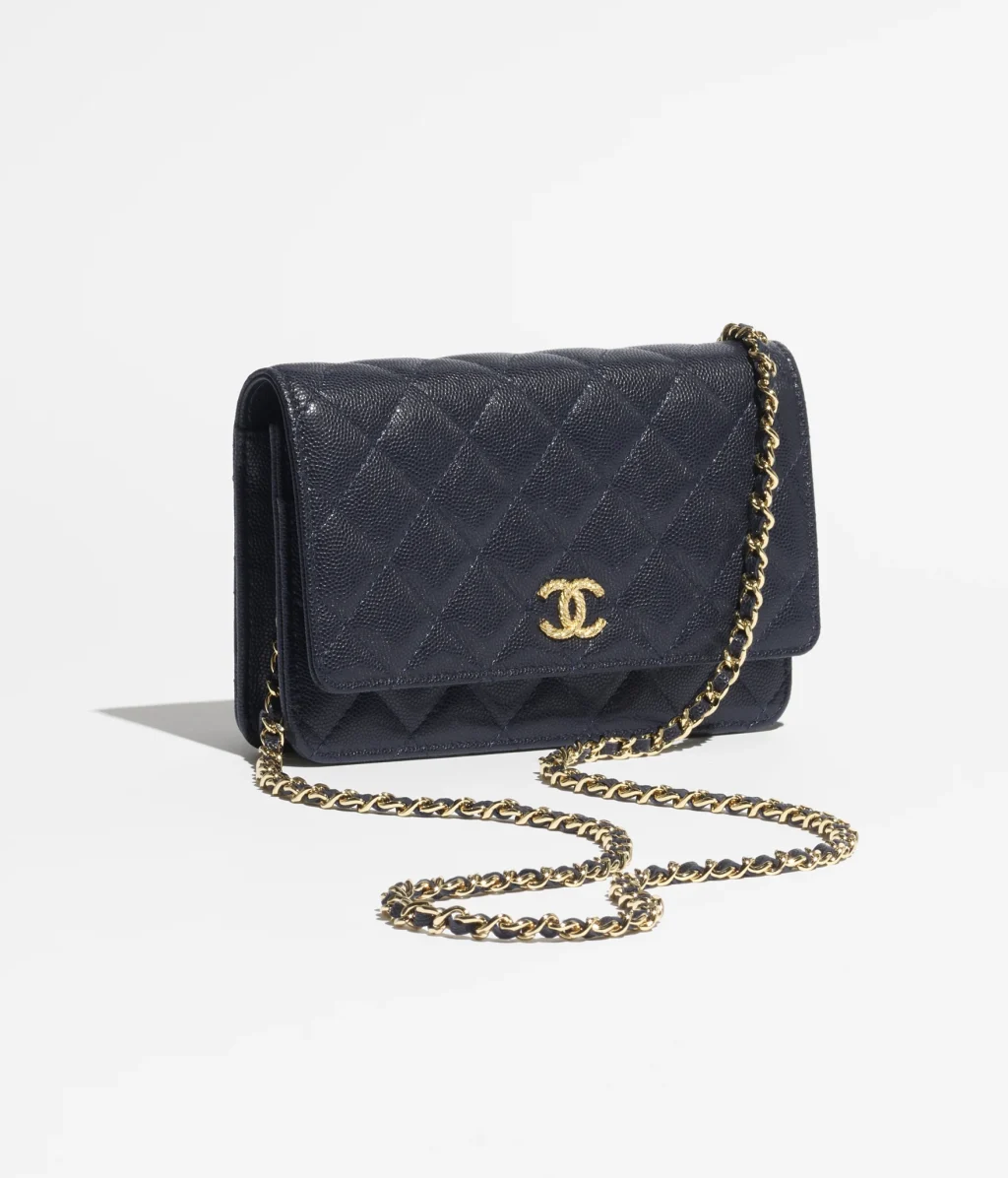 CHANEL WALLET ON CHAIN / Shiny Grained Calfskin, Strass & Gold-Tone Metal / Dark Blue / $3,925