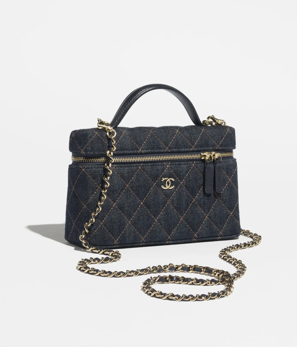 CHANEL CLASSIC VANITY WITH CHAIN / Denim & Gold-Tone Metal / Dark Blue & Orange / $3,200