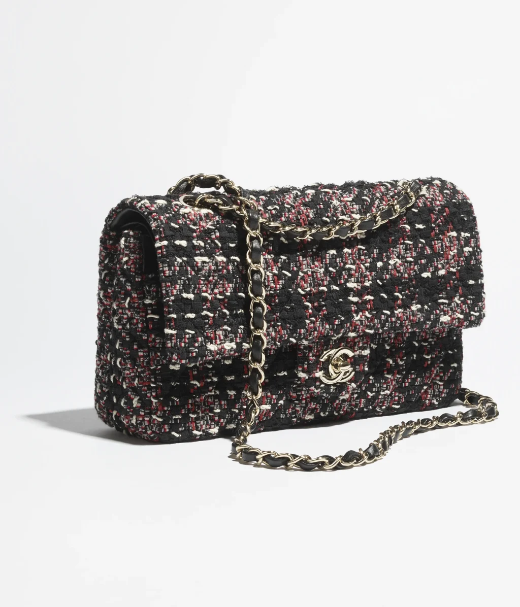 CHANEL CLASSIC 11.12 HANDBAG / Tweed & Gold-Tone Metal / Black, Red & Ecru / $11,300