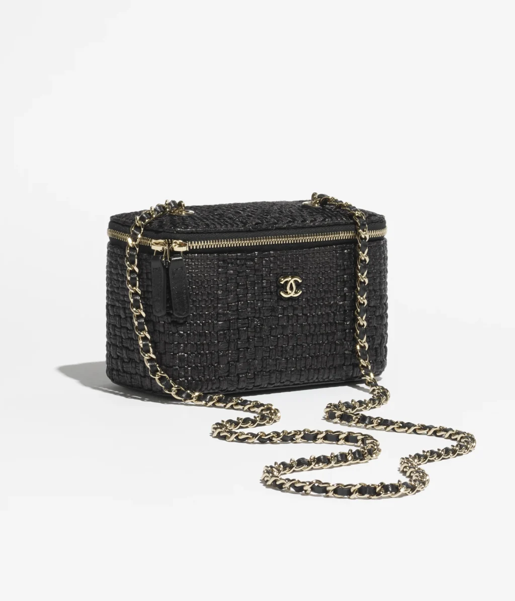 CHANEL CLASSIC LONG VANITY WITH CHAIN / Braided Raffia & Gold-Tone Metal / Black / $2,825