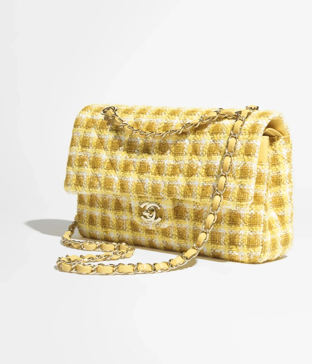 CLASSIC 11.12 HANDBAG / Cotton Tweed & Gold-Tone Metal / Yellow, White & Ochre / $10,800