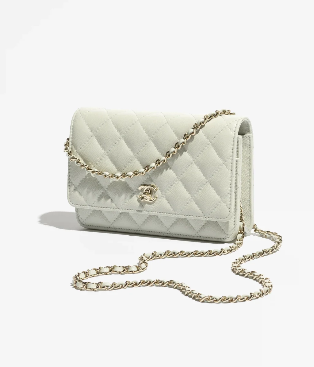 CLASSIC WALLET ON CHAIN / Grained Shiny Calfskin & Gold-Tone Metal / Light Green / $3,700