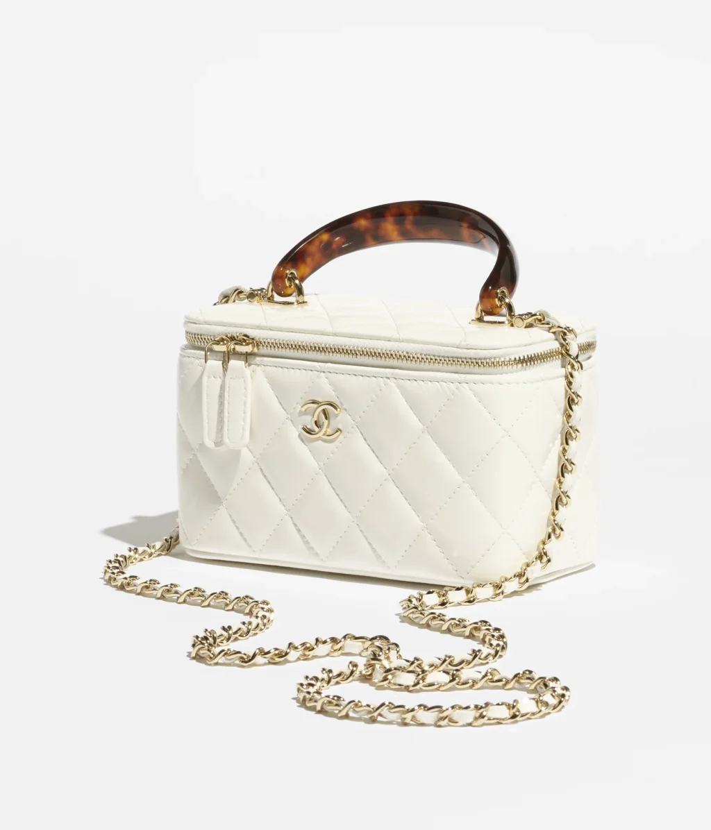 CHANEL Long Vanity with Chain Lambskin, Tortoise-Shell Effect Plexi & Gold-Tone Metal White $4,200