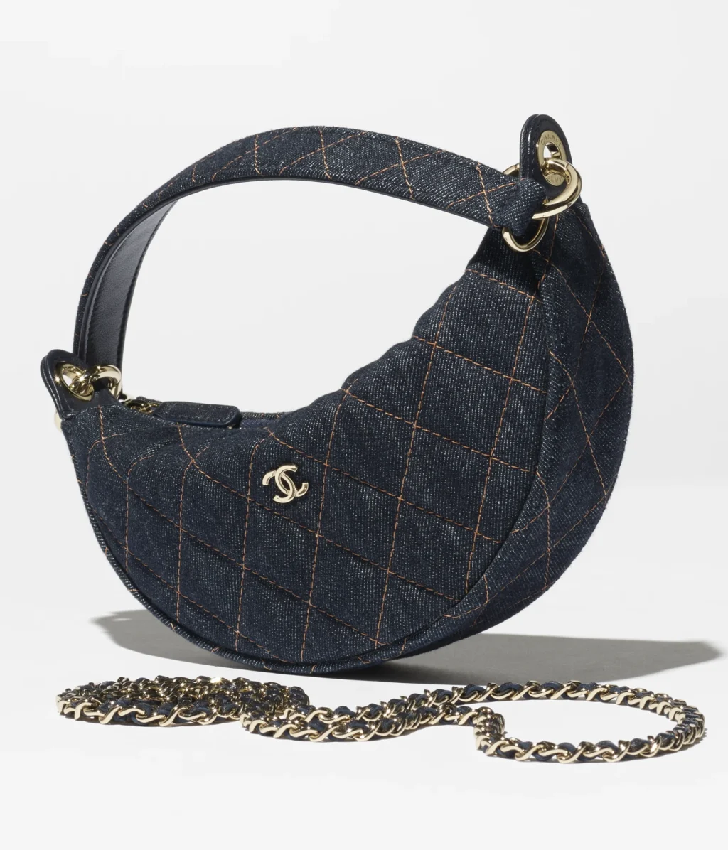 CLUTCH WITH CHAIN / Denim & Gold-Tone Metal / Dark Blue & Orange / $3,475