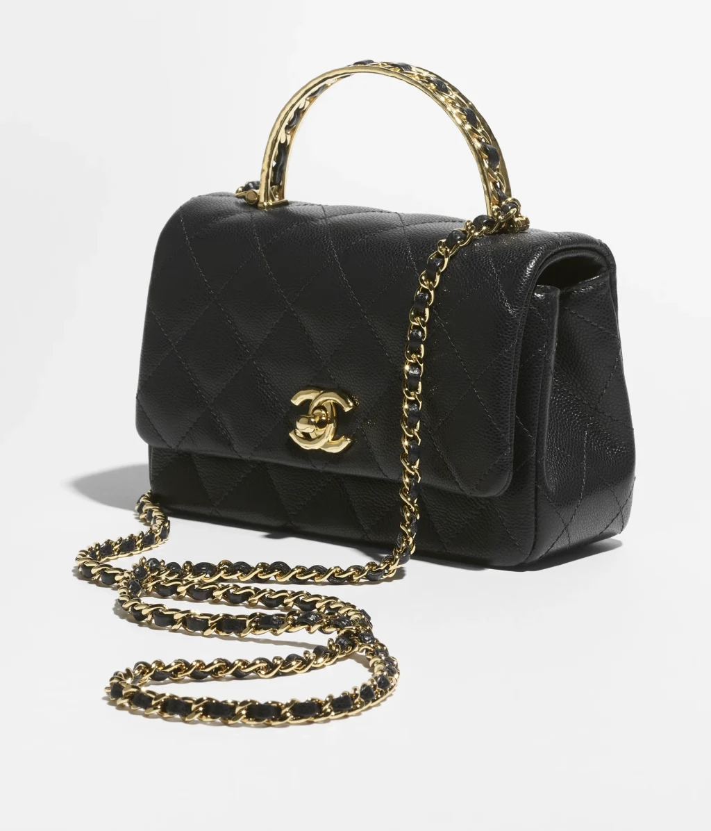 CHANEL MINI FLAP BAG WITH TOP HANDLE / Grained Shiny Calfskin & Gold-Tone Metal / Black / $6,400