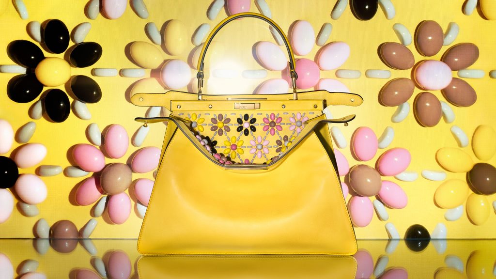 Fendi Peekaboo ISeeU bag Medium broom yellow with multicolour floral studs